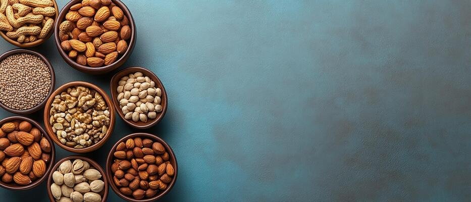 assorted nuts and seeds in bowls on a blue background with copy space for text free photo